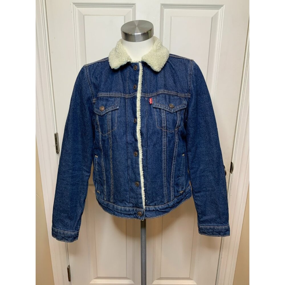 Levi Strauss & Co Dark Wash Faux Shearling Snap Button Up Jean Jacket Size M